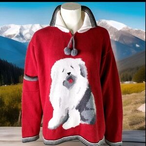 Vtg 90's English Sheepdog Vintage Storybook Knit Sweater XL Cotton Blend Red
